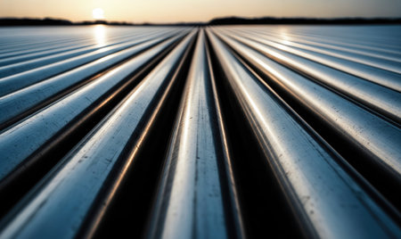 Rows of gleaming metal pipes stretch towards the sunset, creating a visually striking and abstract...