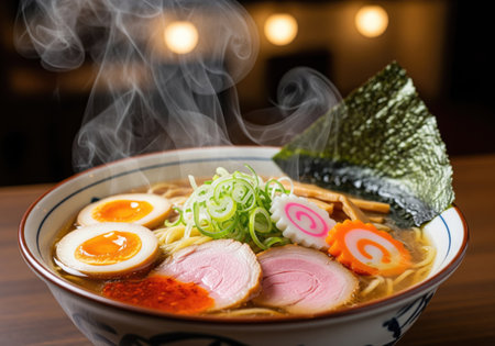 A close up of a bowl of ramen with noodles, eggs, meat, and vegetables. Steam rises from the bowl,...