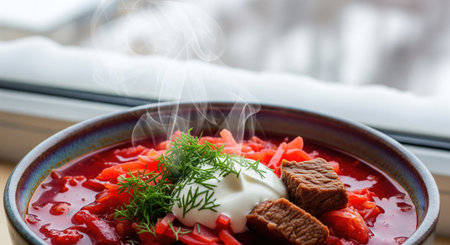 A close up shot showcases a vibrant bowl of Ukrainian borscht, garnished with fresh herbs and sour...