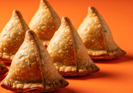 A close up shot of golden, crispy samosas, the popular South Asian fried or baked pastry filled with...