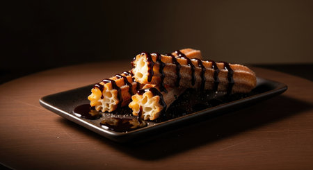 A close up shot of freshly made churros drizzled with rich, dark chocolate sauce on a dark plate.