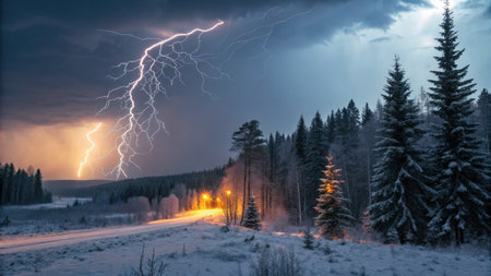 A dramatic winter landscape captures a lightning bolt illuminating the night sky above snow-covered...