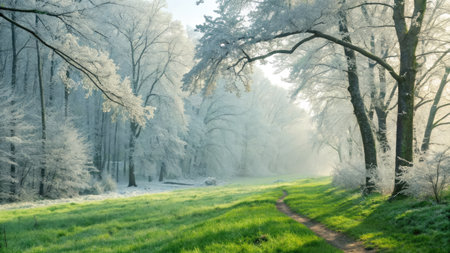 A serene winter landscape showcases a path winding through a vibrant green meadow, framed by frosted...