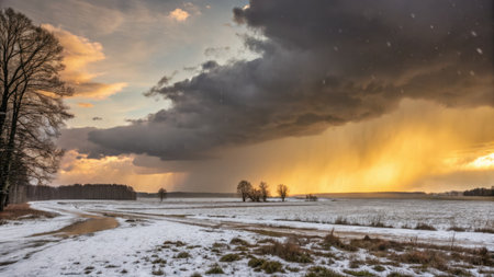 A beautiful winter scene with a snowy field and trees under a dramatic sky with rain and sunlight.
