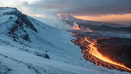 A stunning view of a volcanic eruption with fiery lava cutting through a snow-covered mountain range. The sky is painted with warm sunset colors.の写真素材