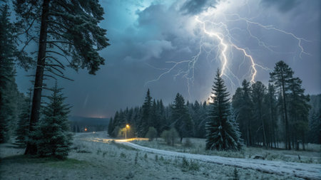 A dramatic winter scene shows a lightning bolt illuminating a forest. The road is covered in snow,...