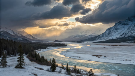 A stunning view of a river flowing through a snow-covered valley, framed by mountains under a...
