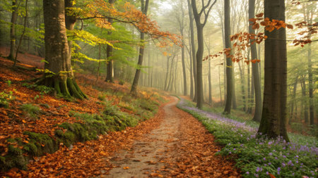 The image captures a serene forest scene during autumn, with a path leading into the distance. The...