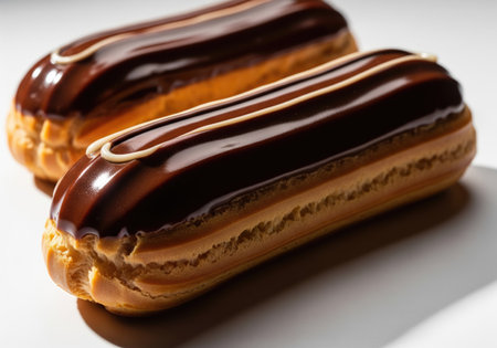 Two freshly baked eclairs with rich chocolate ganache and a delicate white icing drizzle, perfect for dessert.の写真素材