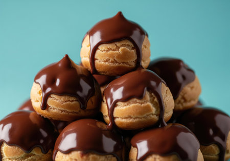 A close up shot of a pyramid of chocolate covered eclairs. The rich chocolate glaze is dripping down...