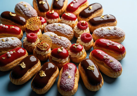 A close up shot showcases a variety of beautifully decorated eclairs and pastries, perfect for...