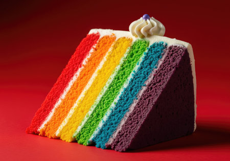 Colorful slice of rainbow cake, showcasing layers of vibrant colors and a dollop of white frosting....