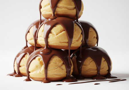 A close up shot of a pyramid of profiteroles coated in a luscious, flowing chocolate sauce, perfect...