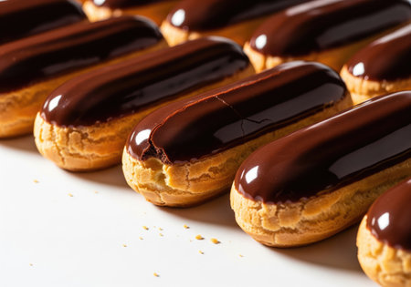 A close up shot of several chocolate eclairs arranged on a white surface, showcasing their glossy...