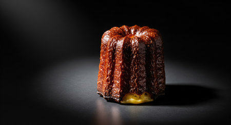 A close up shot of a single canele pastry, showcasing its caramelized exterior and soft interior, against a dark backdrop.の写真素材