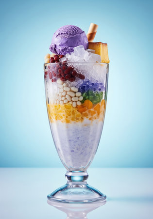 Beautifully presented halo halo, a popular Filipino dessert. It features layers of ingredients, including ice cream, beans, and fruits.の写真素材