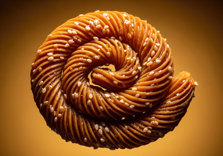 A close up shot of a spiral pastry with sesame seeds on a warm background.の写真素材