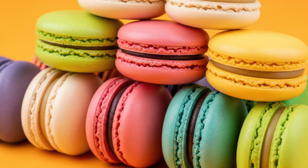 A close up shot of a stack of colorful macarons, with various flavors and colors, on an orange background. The image is well lit and the macarons look delicious.の写真素材