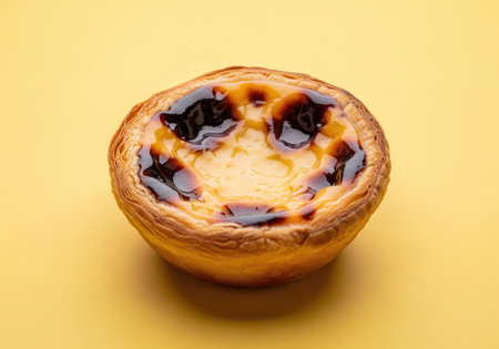 A close up shot of a freshly baked Portuguese custard tart, also known as pastel de nata, on a...