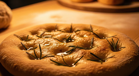 Close up of a golden focaccia bread topped with fresh rosemary and olive oil, ready to be served....