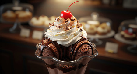 A tempting chocolate sundae is presented in a clear glass, topped with whipped cream, chocolate...