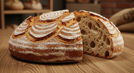 A close up shot of a loaf of sourdough bread, cut in half to reveal the airy interior. The bread...