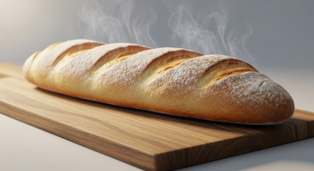 A close up of a golden brown baguette dusted with flour, resting on a wooden cutting board. Steam...