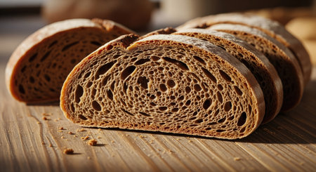 This close up shot showcases the texture of the bread, with its airy interior and crusty exterior....