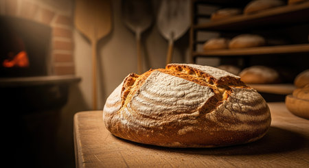 A close up shot of a loaf of bread on a wooden table with a blurred background of a bakery oven and...