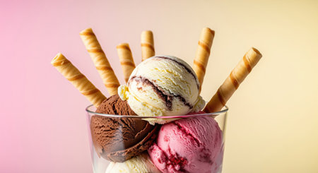 A refreshing ice cream sundae featuring scoops of chocolate, vanilla, and strawberry ice cream,...
