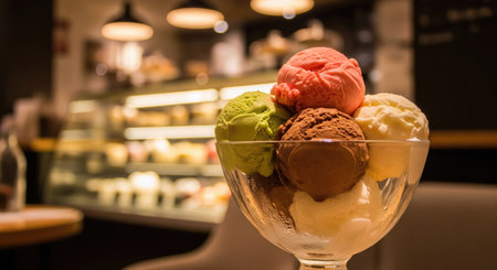 A close up shot of a colorful ice cream sundae with multiple flavors in a glass bowl, set in a cafe...