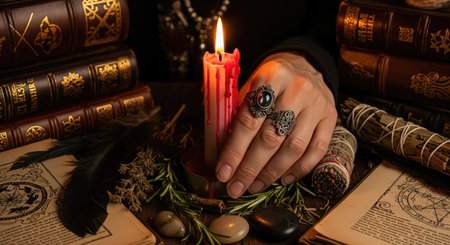 Halloween. A close up of a hand with rings holding a candle with dripping wax. Books and other...