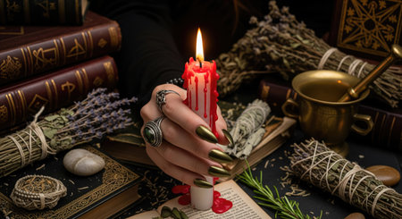 Halloween. A close up of a hand with long gold nails holding a candle, surrounded by books, herbs,...