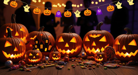 A vibrant Halloween scene featuring carved pumpkins, candy, and decorative lights, creating a spooky...
