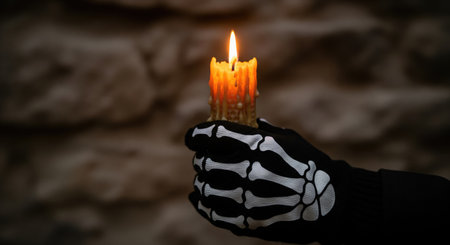 Halloween. A close up shot of a hand wearing a skeleton glove holding a burning candle against a dark background. The flame flickers brightly.の写真素材