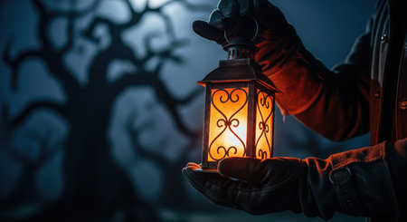 A person holds a glowing lantern in a dark, atmospheric setting, with a blurred tree silhouette in...