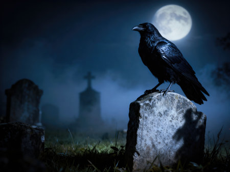 Halloween. A black raven sits atop a weathered tombstone in a misty graveyard, illuminated by a...