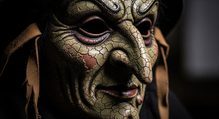 A close up shot of a detailed witch mask with a cracked texture, perfect for Halloween. The mask has...