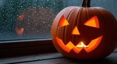 Halloween. A carved pumpkin with a candle inside sits on a wooden surface, with a window and rain in the background, creating a spooky atmosphere.の写真素材