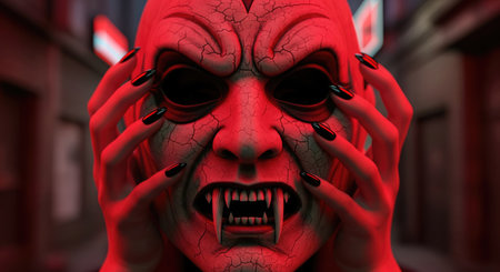Halloween. A close up of a scary mask with long black nails, sharp fangs, and a cracked texture, all...