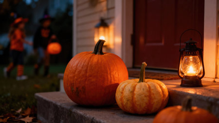 Halloween. Two pumpkins sit on a porch step with a lit lantern, with children in costume trick or...
