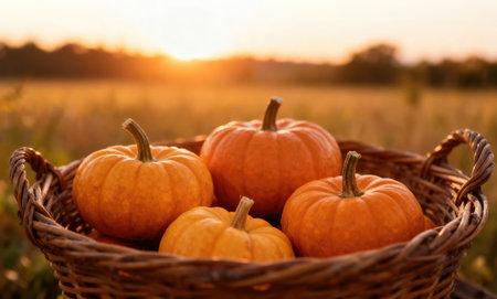 Halloween. A basket filled with vibrant orange pumpkins sits in a field, with the warm glow of the...