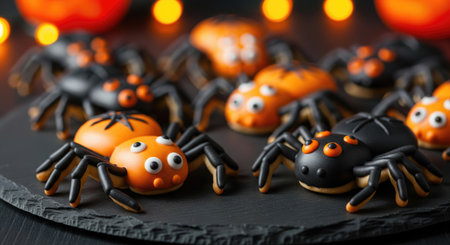 Halloween. Close up of a group of adorable spider-shaped cookies, perfect for Halloween celebrations. The cookies are arranged on a dark surface with blurred lights in the background.の写真素材