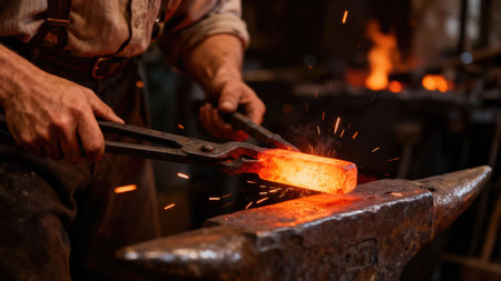 A blacksmith uses tongs to hold a glowing piece of metal on an anvil, sparks flying as he works in a...