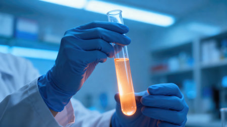 A scientist wearing blue gloves examines a test tube filled with a glowing orange liquid in a lab....