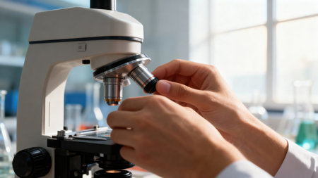 A scientist is carefully adjusting the lens of a microscope, preparing for scientific analysis in a...
