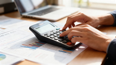 A person's hands are seen using a calculator on a desk, with documents and a laptop in the...