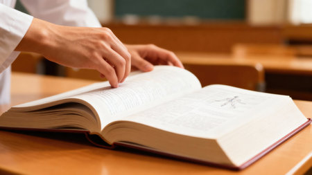 A person is reading a textbook in a classroom, with the focus on the hands and the open book. The...