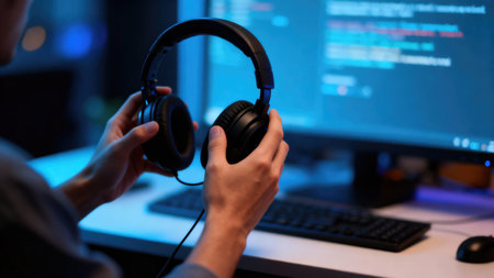 A person is holding a pair of black headphones in front of a computer screen, possibly coding or...
