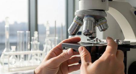 A scientist is seen adjusting a microscope in a laboratory. The scene includes lab equipment and a...